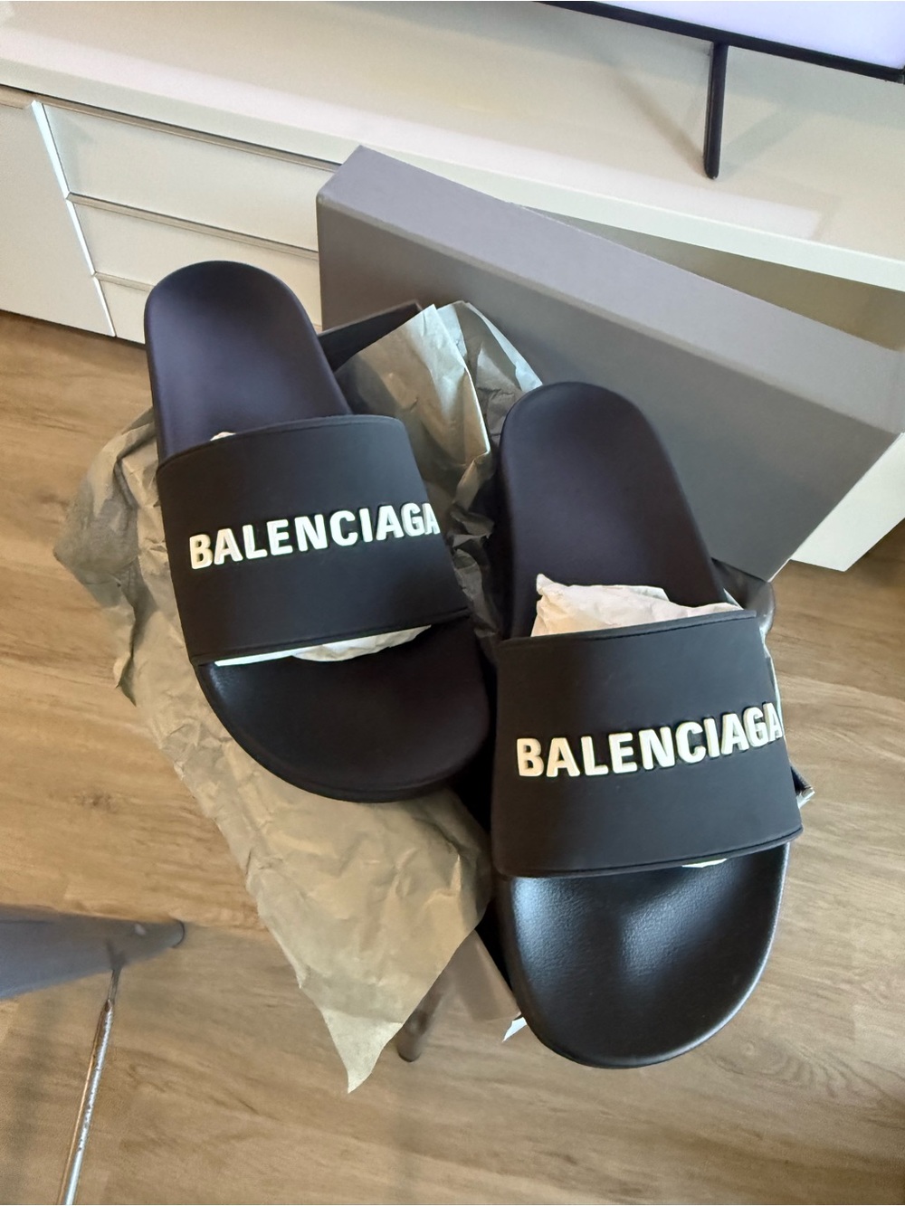 Balenciaga Black Slide Sandals with White Logo Strap